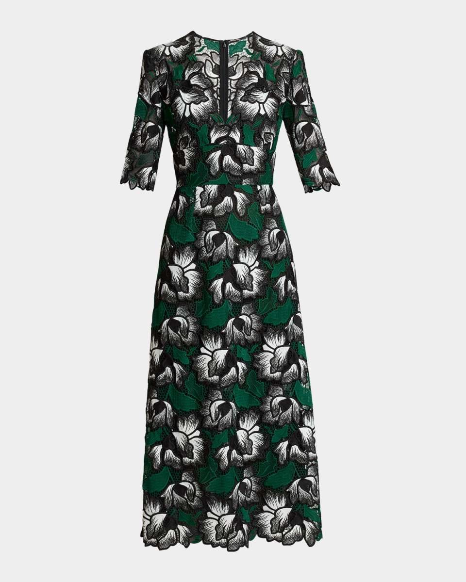 Floral Macrame Short-Sleeve Midi Dress